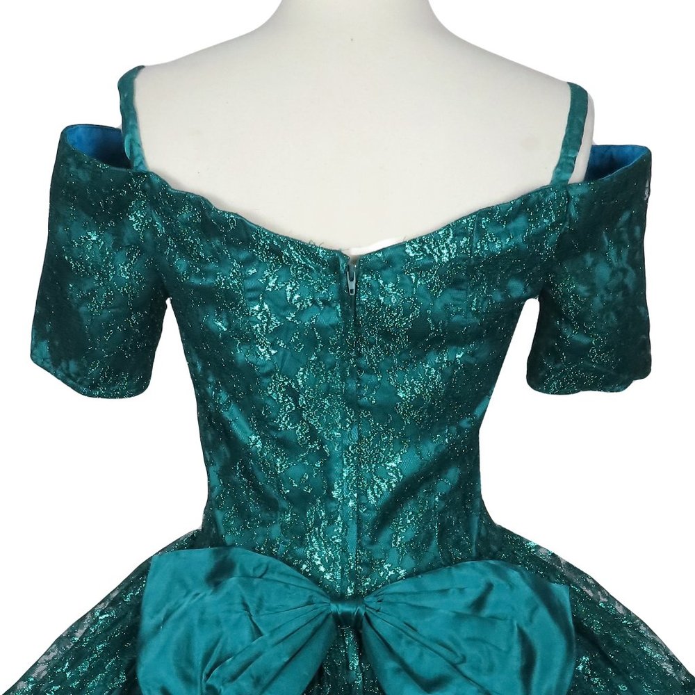 Vintage 80s Gunne Sax Green Metallic Lurex Floral Lace Full Skirt Prom Dress S - Picture 12 of 12